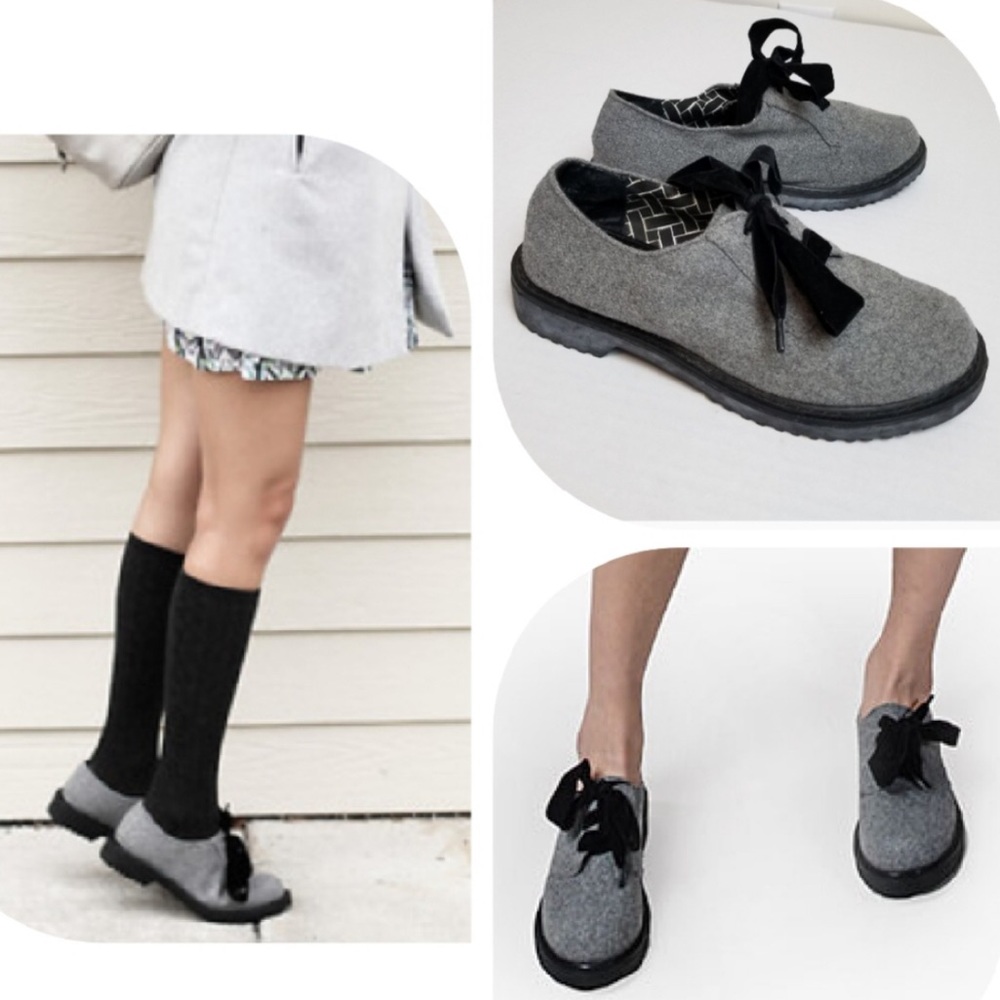 Shellys London Grey Tweed Lace Up Oxfords Loafers Velvet Ribbon Laces Academia